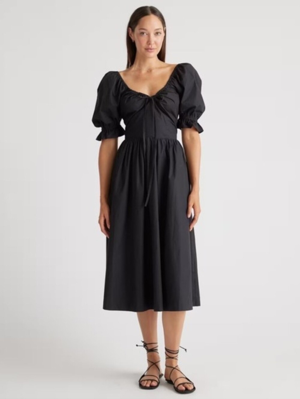 Quince Puff Sleeve Organic Cotton Poplin Adjustable Neckline Black Midi Dress